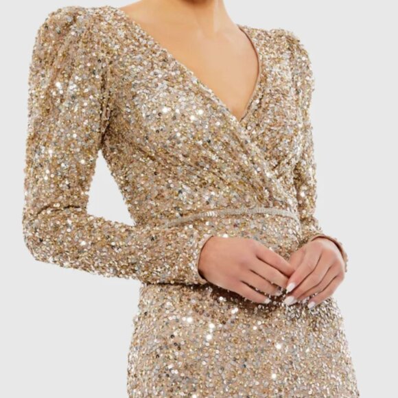 MAC DUGGAL 5510 PUFF SHOULDER SEQUINED SURPLICE SHIMMERING GOLD GOWN sz 8 - Picture 3 of 8